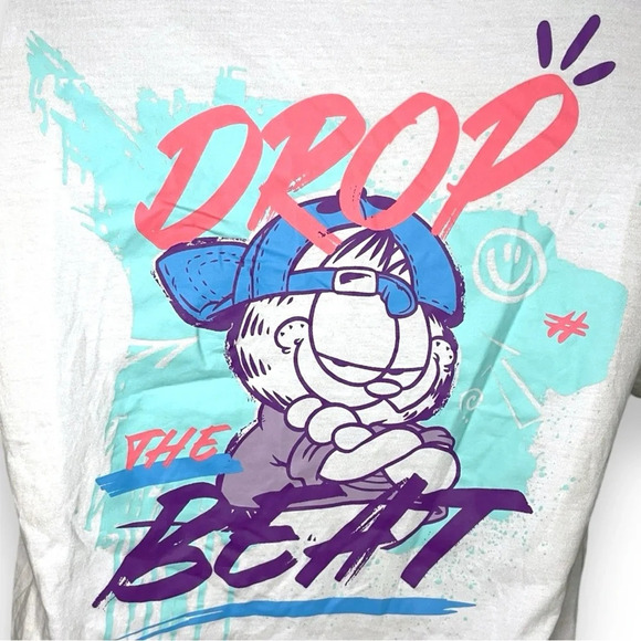 H&M Garfield Drop the Beat Graphic T-Shirt Small | Beige Cotton Tee - Picture 3 of 9